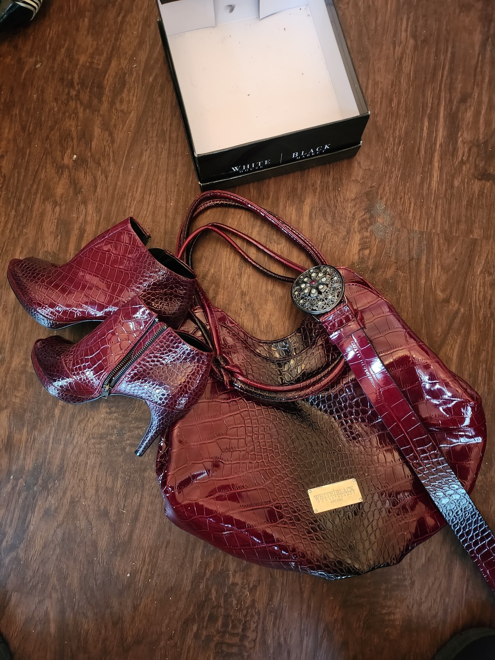 Patent Croc-Embossed Burgundy Shoulder Bag with Matching Strap